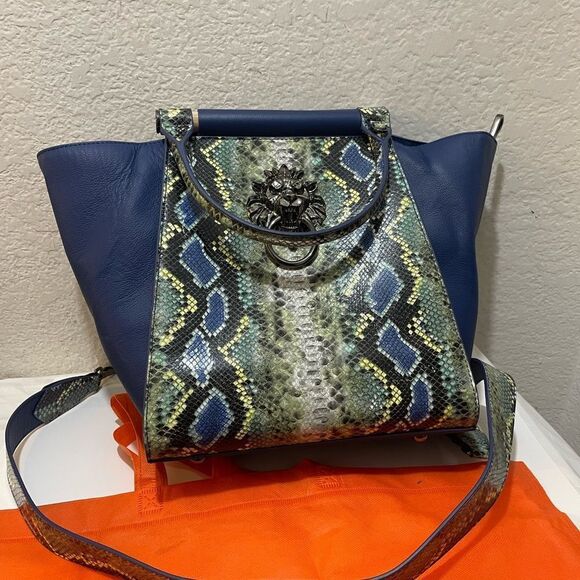 Sharif Safari Embossed Snakeskin Leather Satchel Handbag top handle  convertible - Picture 13 of 14